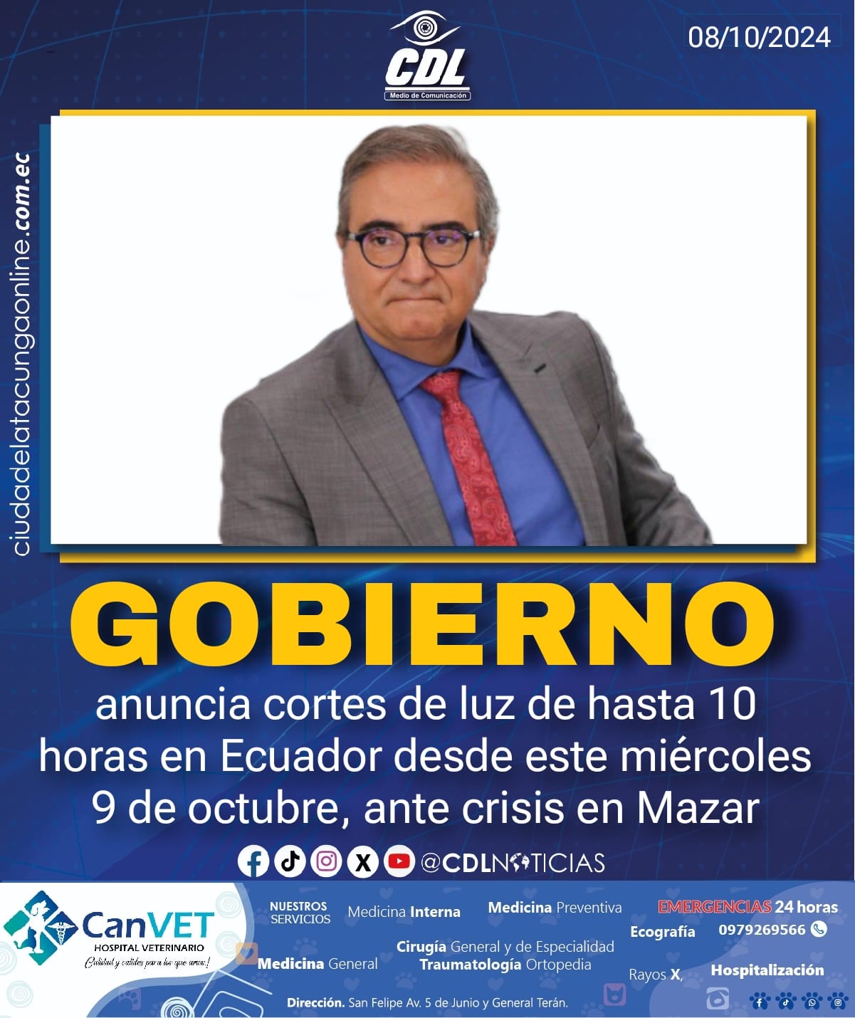 El Gobierno anuncia cortes de luz de hasta 10 horas en Ecuador desde este miércoles 9 de octubre, ante crisis en Mazar