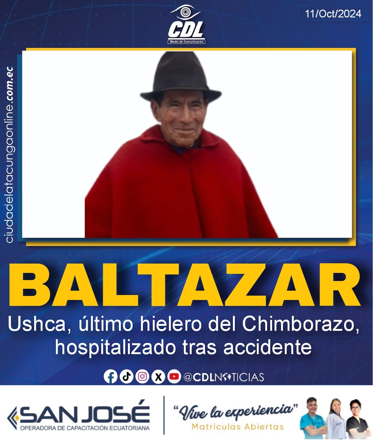 Baltazar Ushca, último hielero del Chimborazo, hospitalizado tras accidente