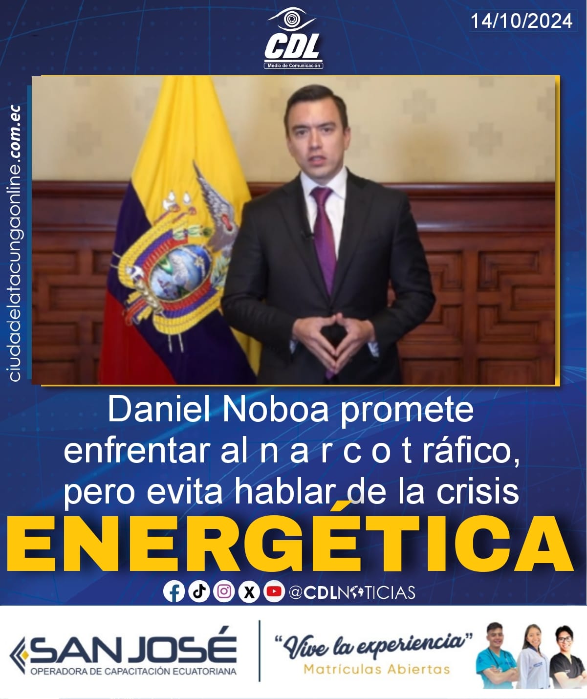 Daniel Noboa promete enfrentar al narcotráfico, pero evita hablar de la crisis energética