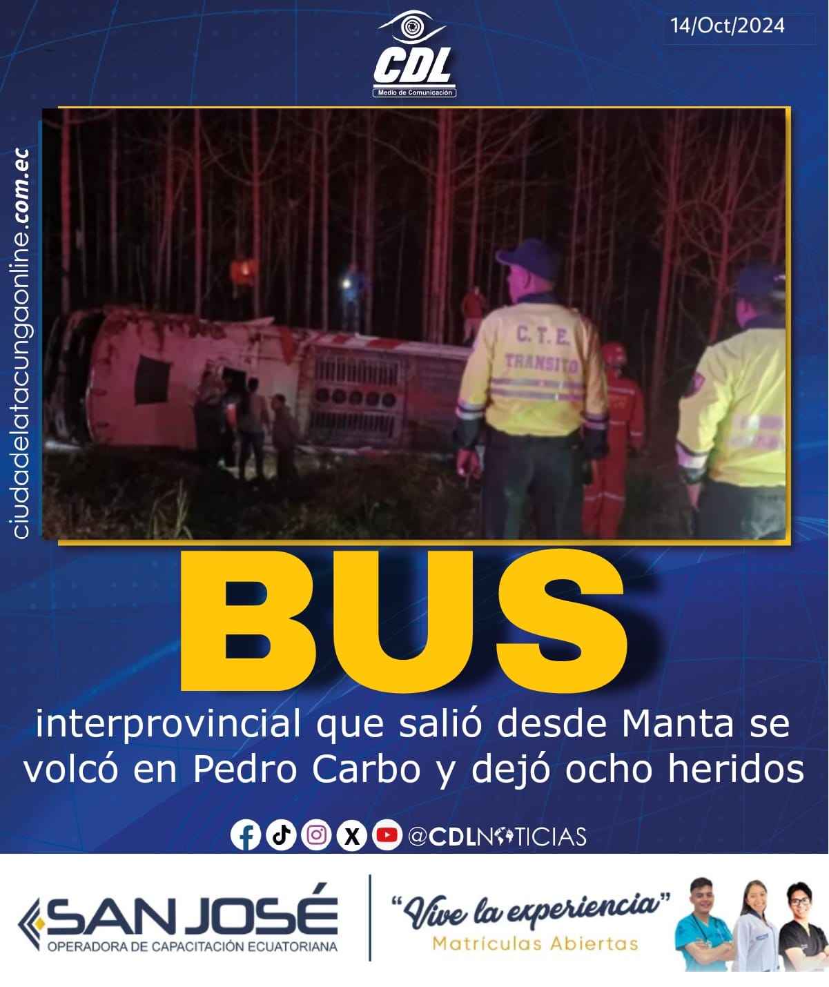 Un bus interprovincial que salió desde Manta se volcó en Pedro Carbo y dejó ocho heridos