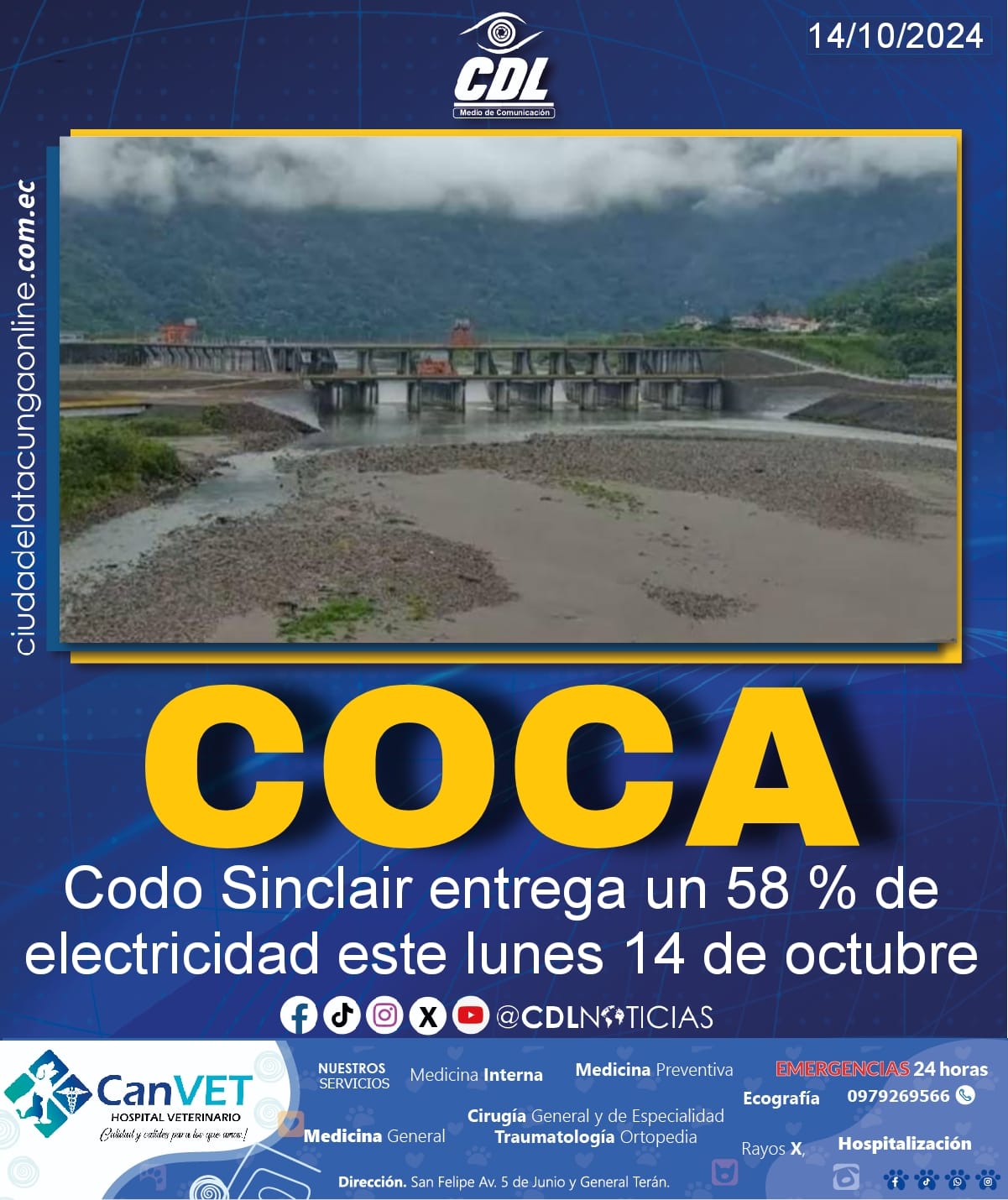 Coca Codo Sinclair entrega un 58 % de electricidad este lunes 14 de octubre