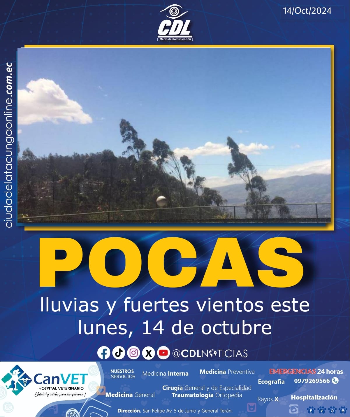 Clima en Ecuador: pocas lluvias y fuertes vientos este lunes, 14 de octubre
