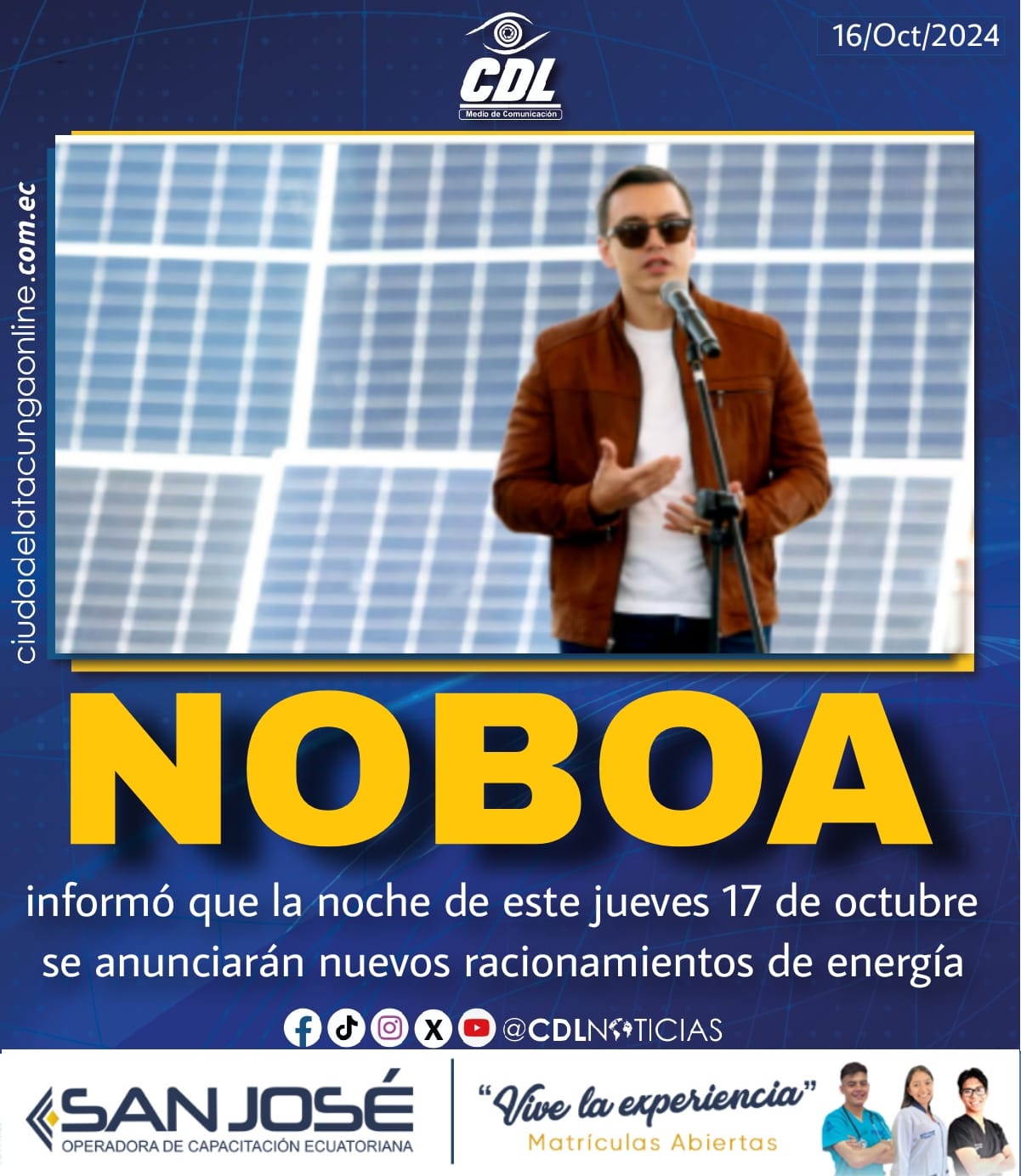 Daniel Noboa informó que la noche de este jueves 17 de octubre se anunciarán nuevos racionamientos de energía