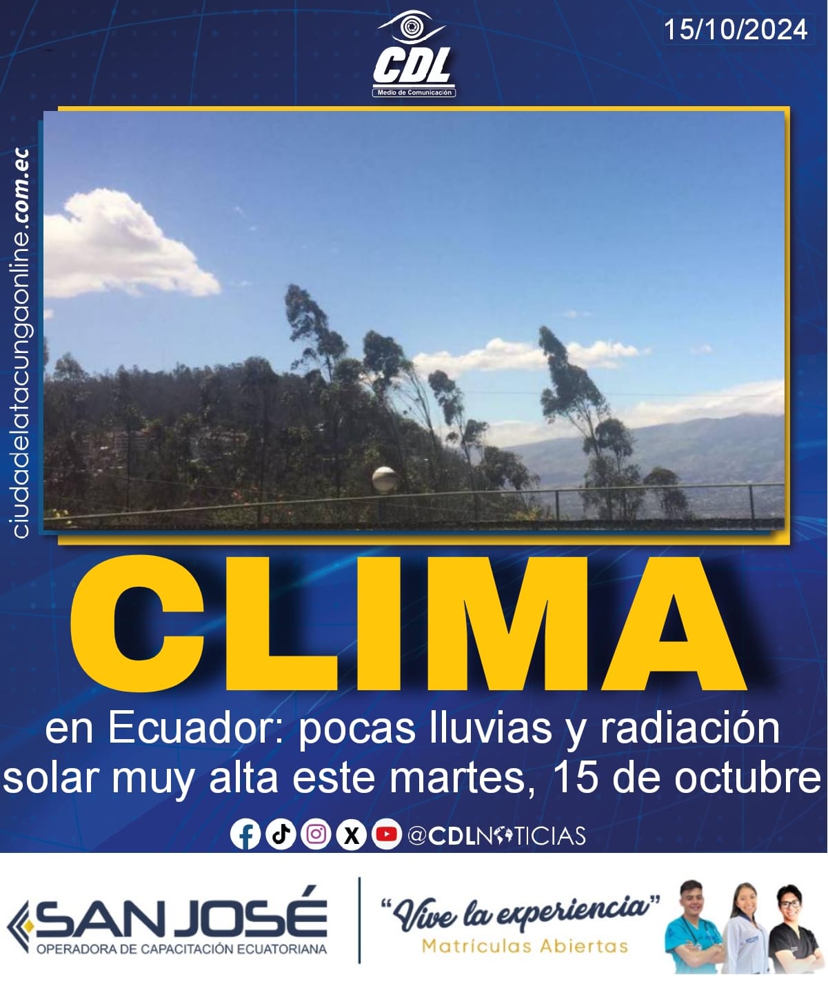 Clima en Ecuador: pocas lluvias y radiación solar muy alta este martes, 15 de octubre