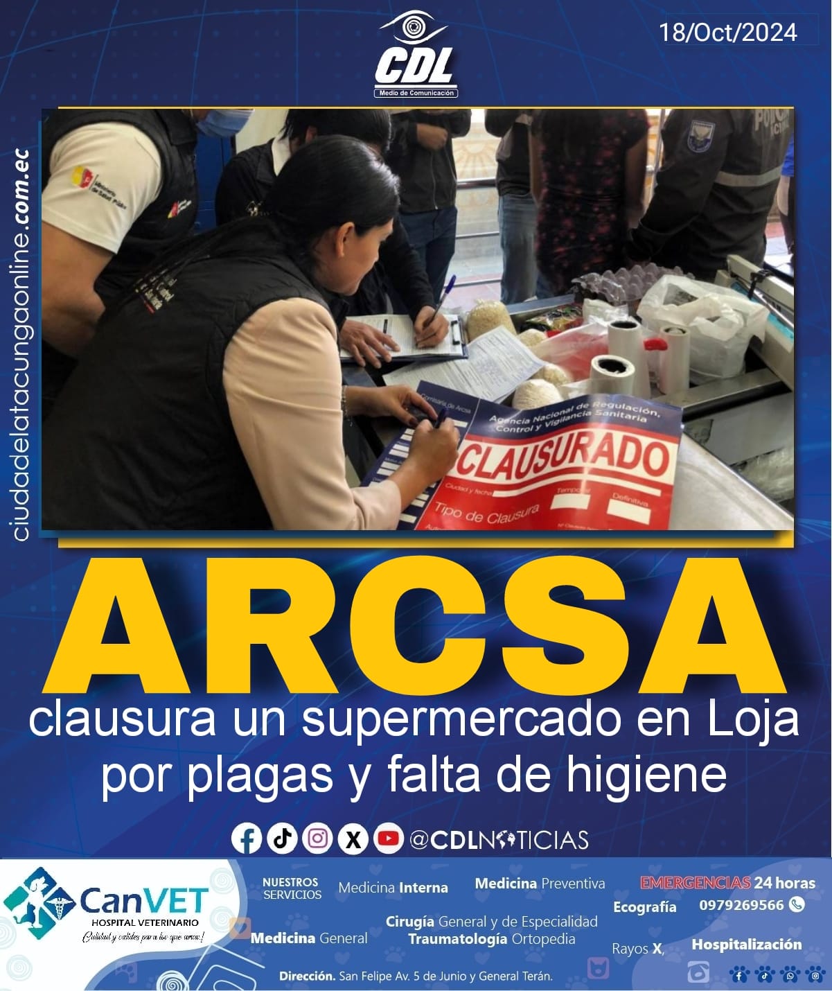 Personal de la Arcsa clausura un supermercado en Loja por plagas y falta de higiene