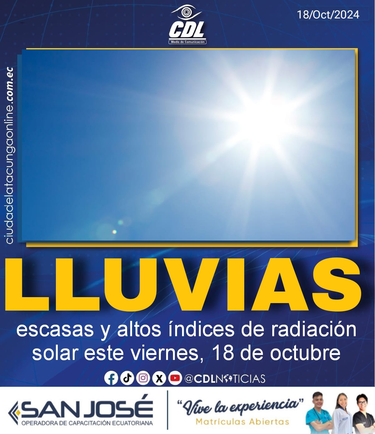 Clima en Ecuador: lluvias escasas y altos índices de radiación solar este viernes, 18 de octubre
