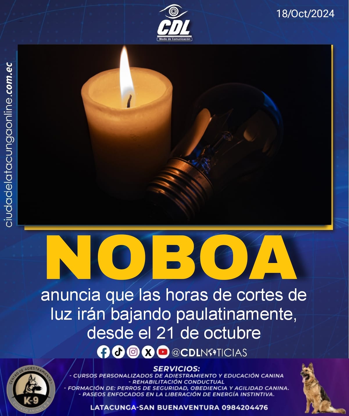 Noboa anuncia que las horas de cortes de luz irán bajando paulatinamente, desde el 21 de octubre