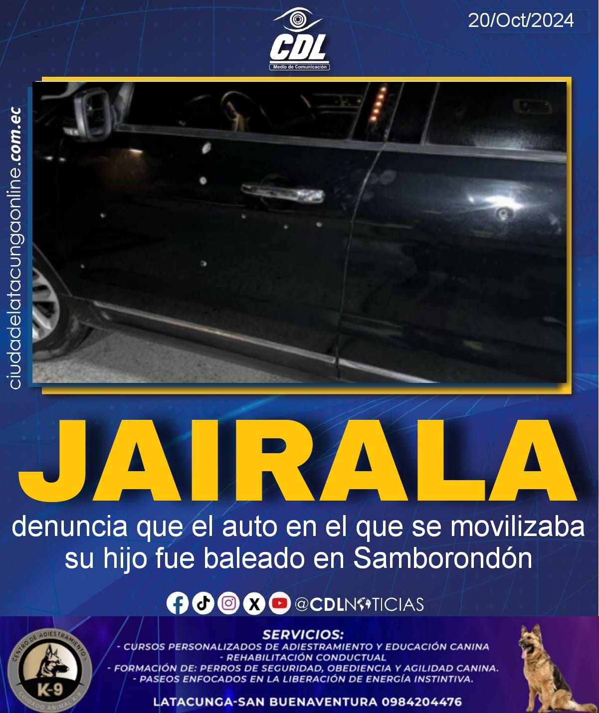 Jimmy Jairala denuncia que el auto en el que se movilizaba su hijo fue baleado en Samborondón