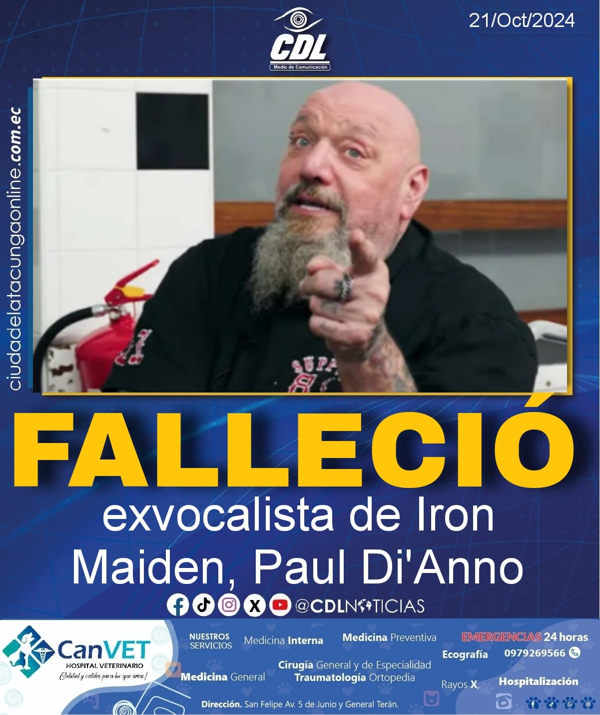 Muere exvocalista de Iron Maiden, Paul Di’Anno