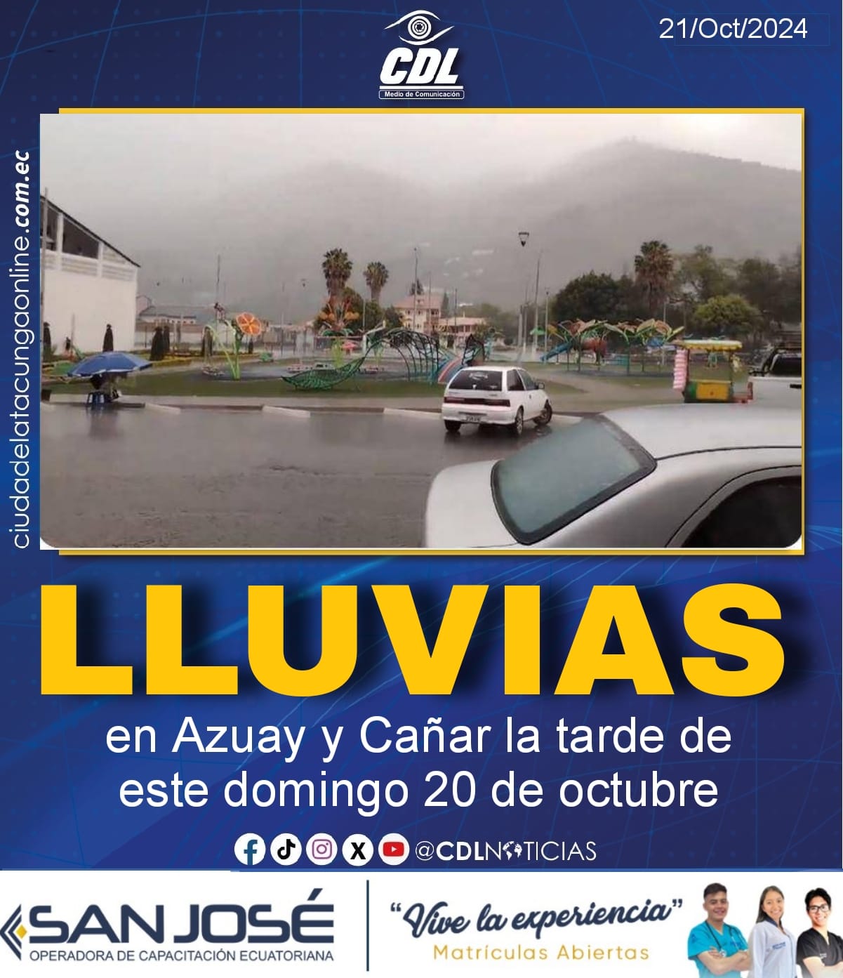 Lluvias en Azuay y Cañar la tarde de este domingo 20 de octubre