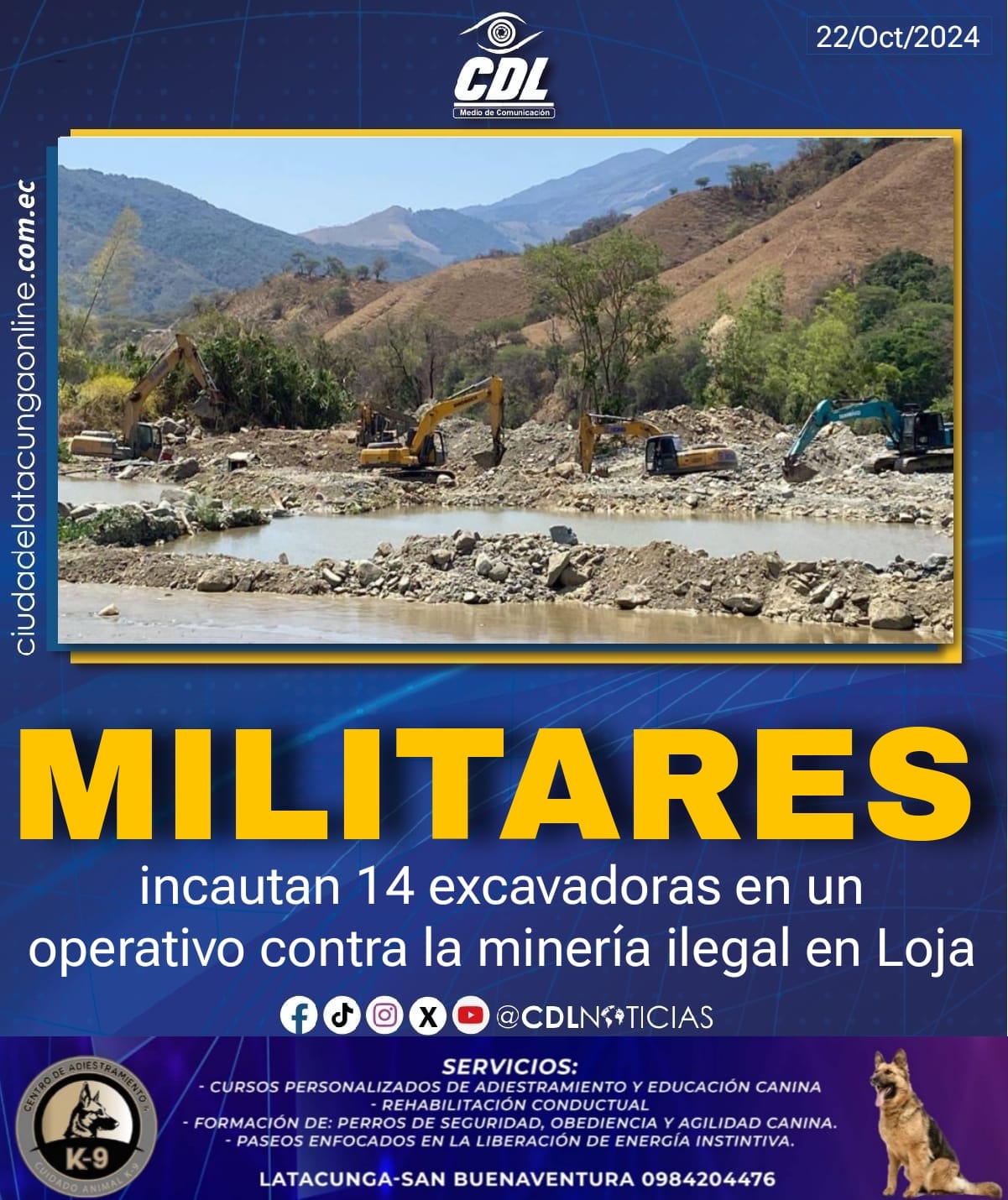 Militares incautan 14 excavadoras en un operativo contra la minería ilegal en Loja
