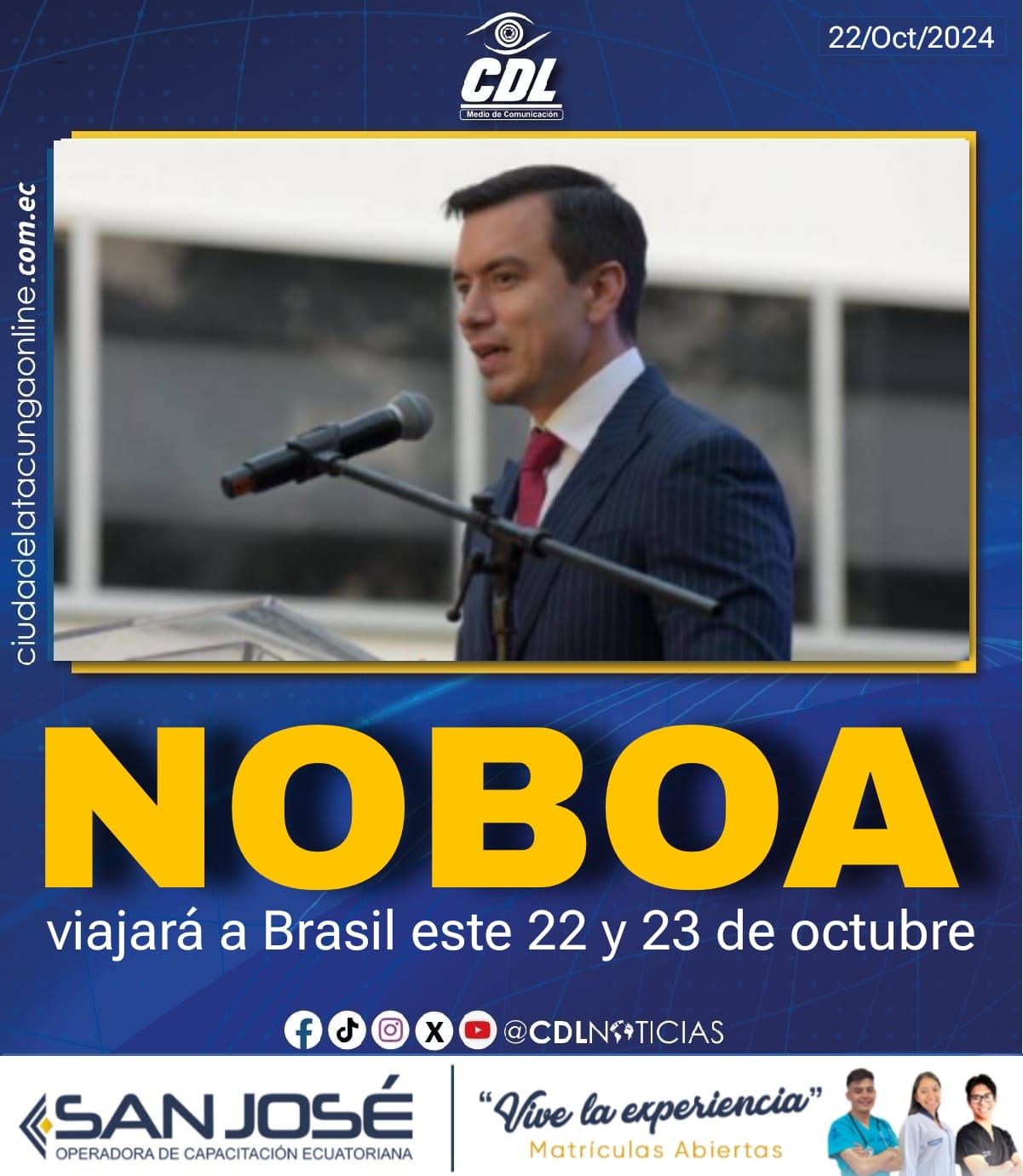 Daniel Noboa viajará a Brasil este 22 y 23 de octubre