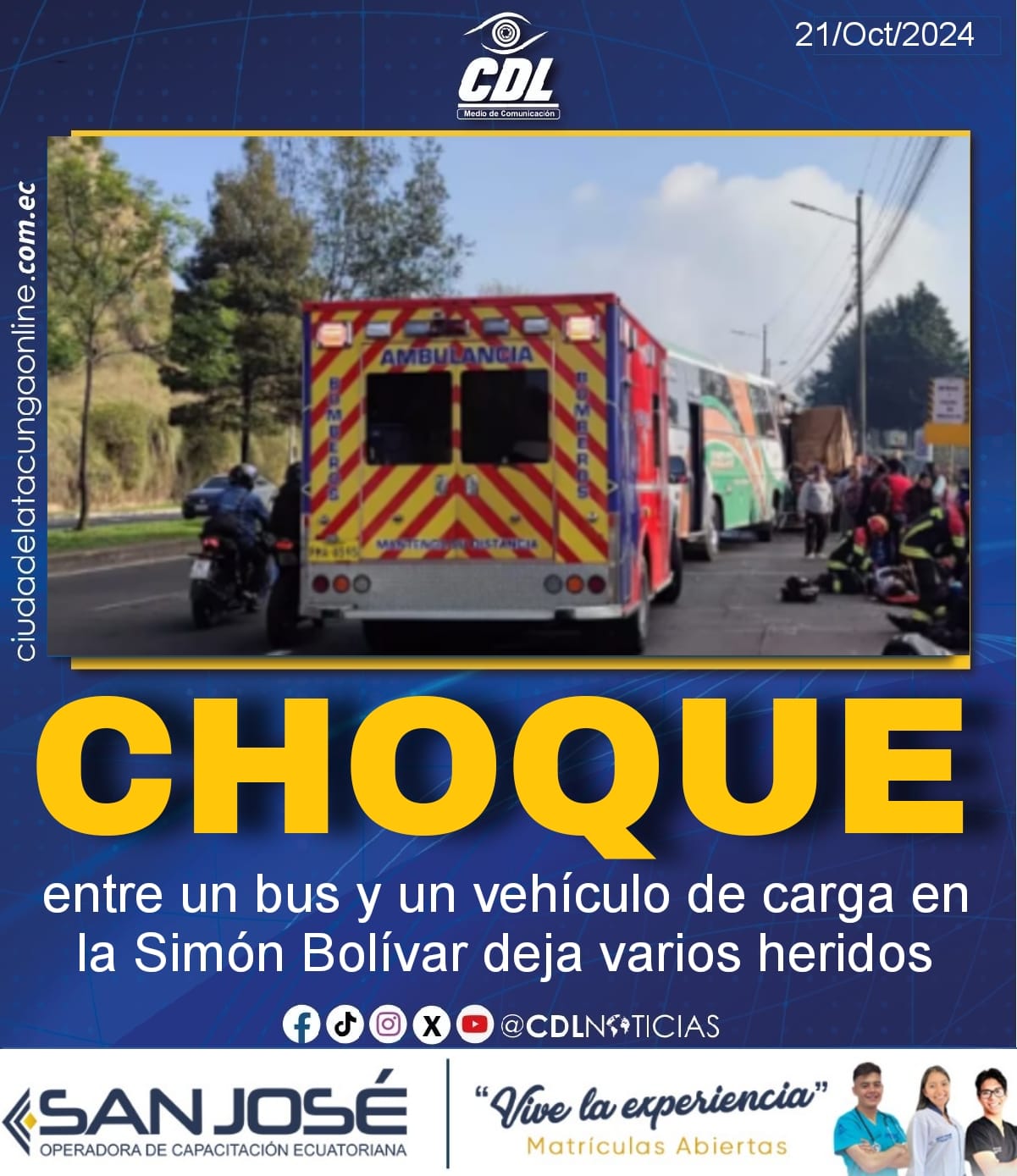 Fuerte choque entre un bus y un vehículo de carga en la Simón Bolívar deja varios heridos