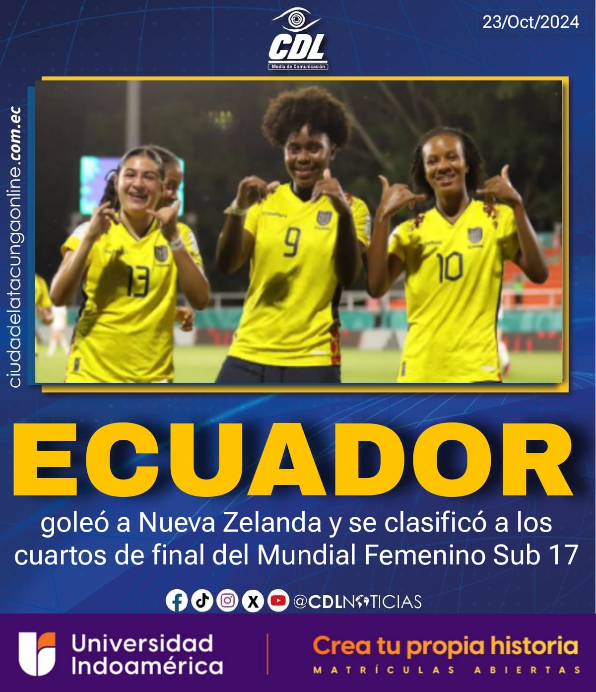 Ecuador goleó a Nueva Zelanda y se clasificó a los cuartos de final del Mundial Femenino Sub 17