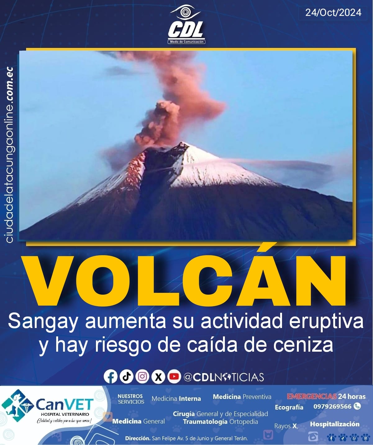 El volcán Sangay aumenta su actividad eruptiva y hay riesgo de caída de ceniza