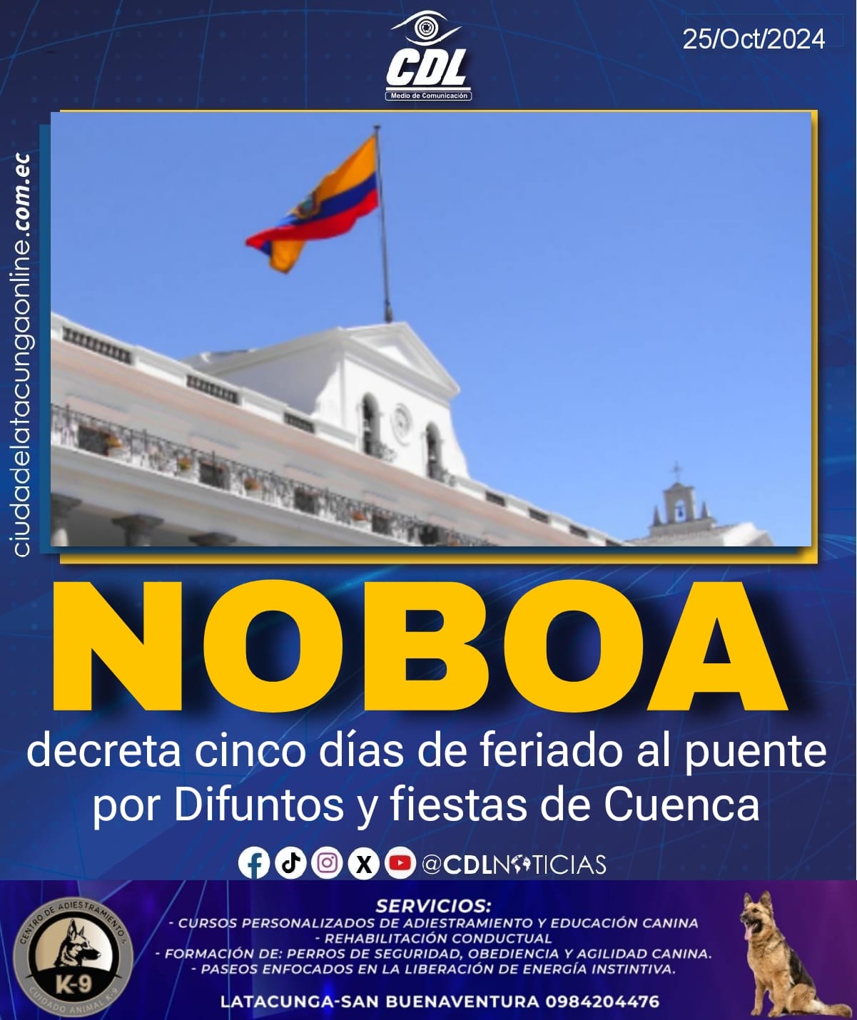 Noboa decreta cinco días de feriado al puente por Difuntos y fiestas de Cuenca