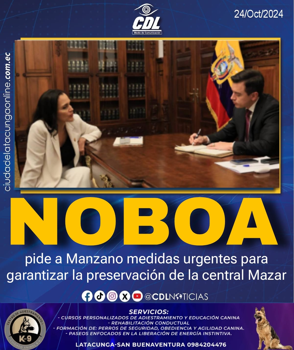 Noboa pide a Manzano medidas urgentes para garantizar la preservación de la central Mazar