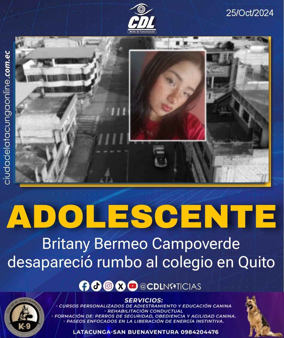 Adolescente Britany Bermeo Campoverde desapareció rumbo al colegio en Quito