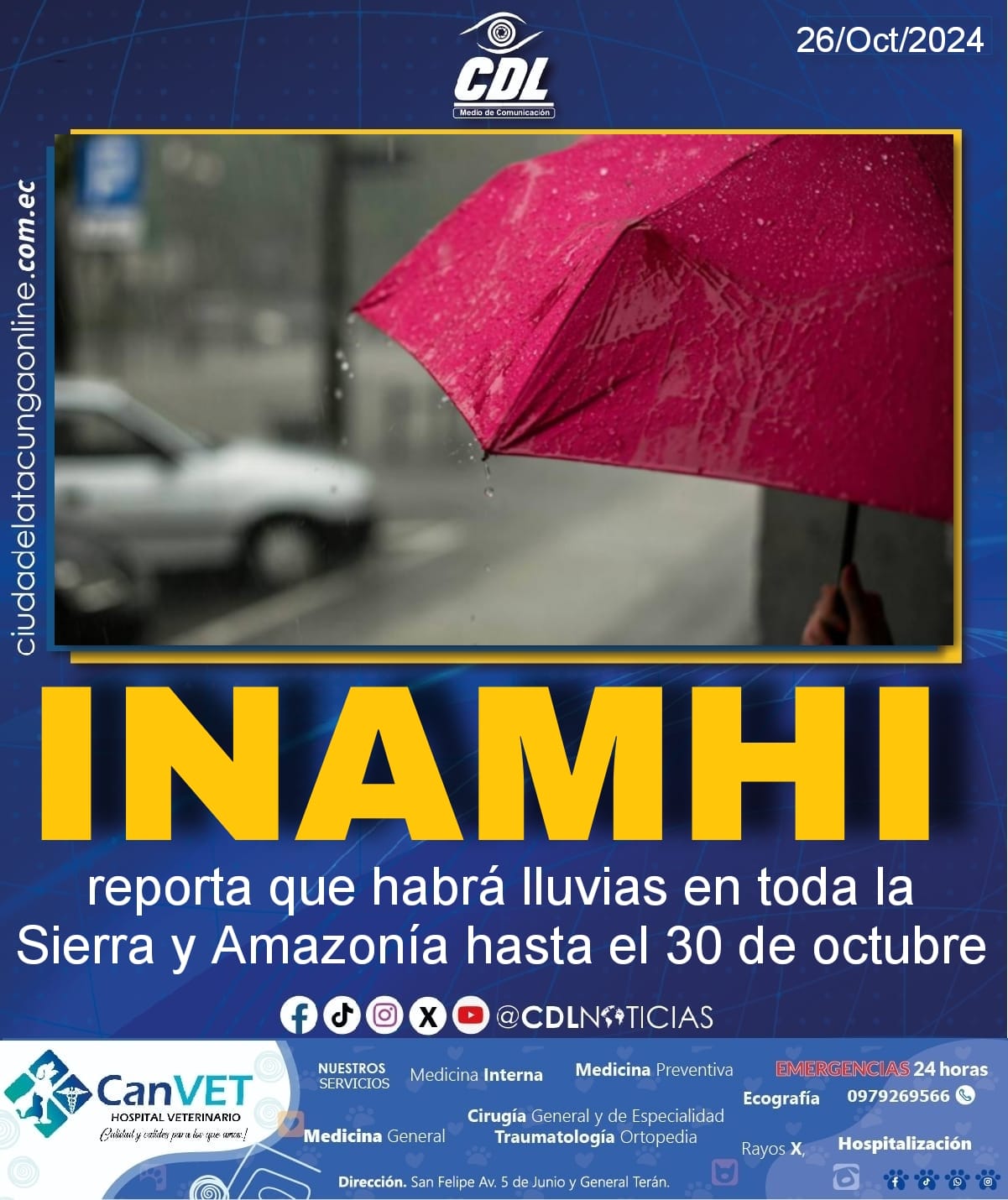 El Inamhi reporta que habrá lluvias en toda la Sierra y Amazonía hasta el 30 de octubre