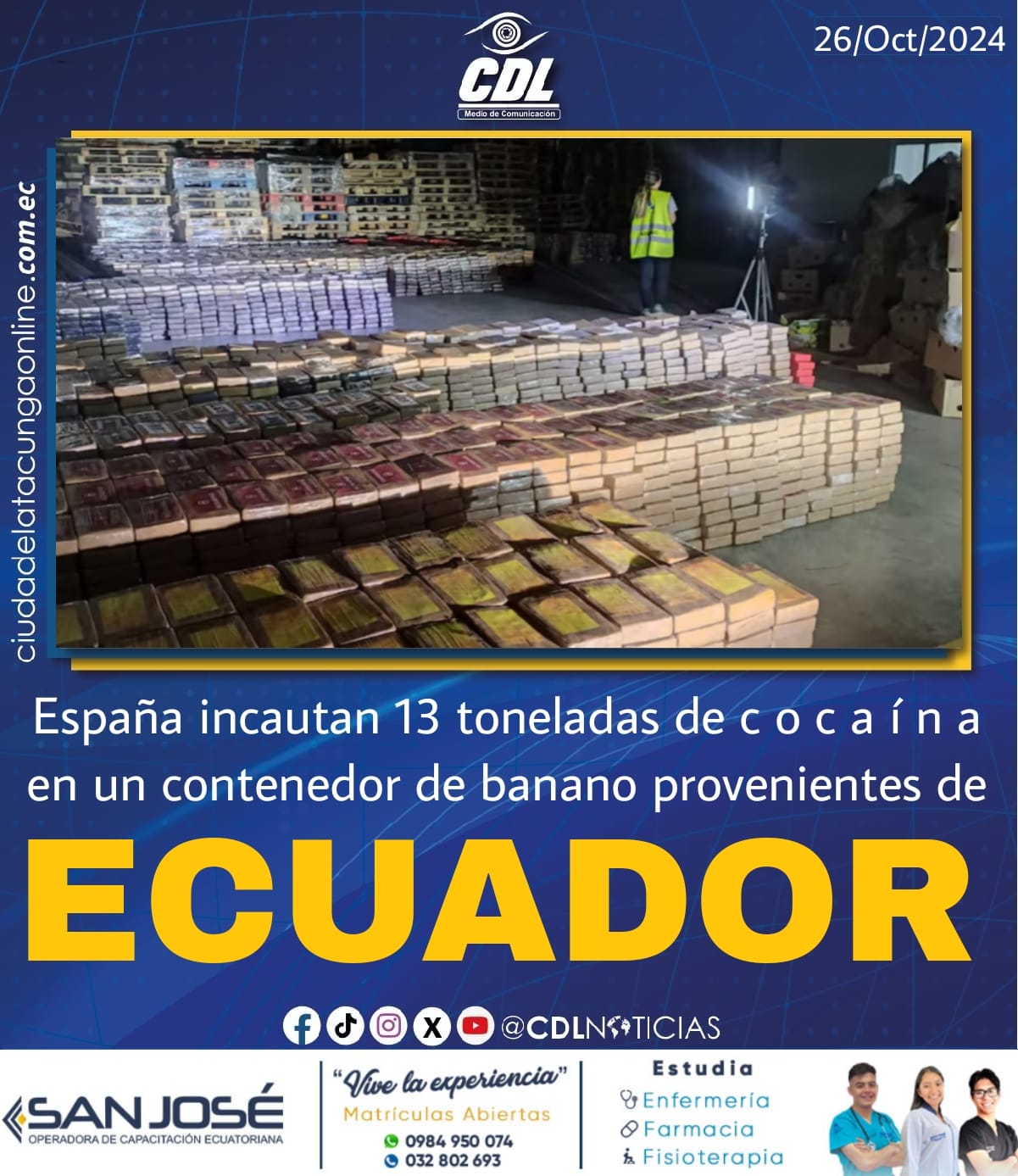 España, incauta 13 toneladas de c o c a í n a en un contenedor de banano provenientes de Ecuador