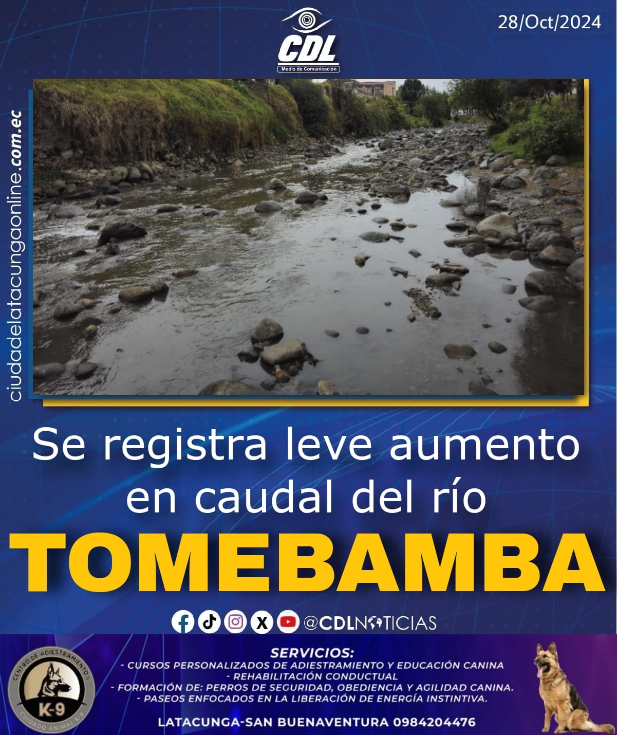 Se registra leve aumento en caudal del río Tomebamba