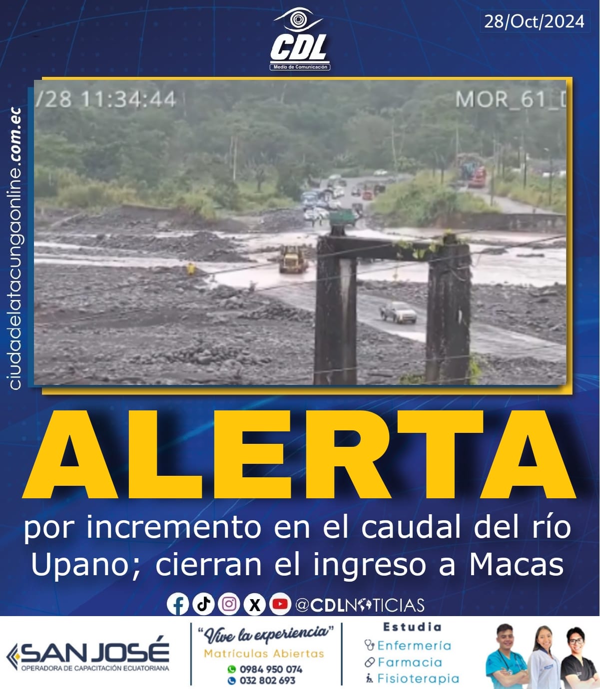 Alerta por incremento en el caudal del río Upano; cierran el ingreso a Macas