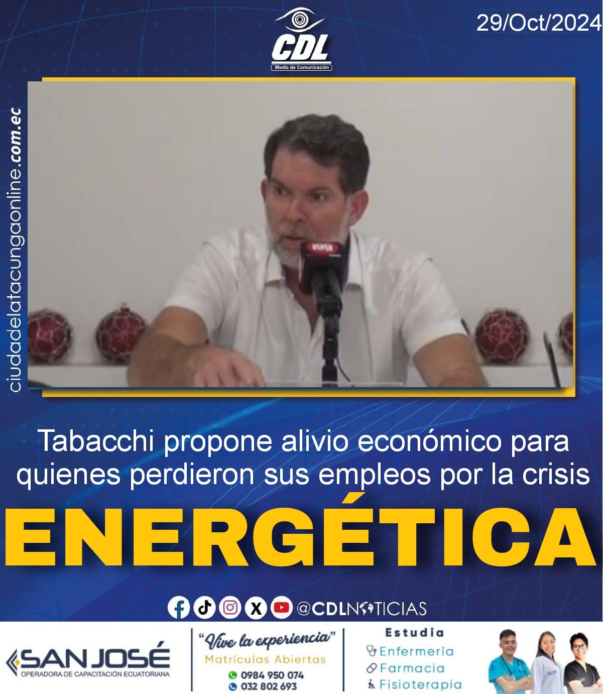Tabacchi propone alivio económico para quienes perdieron sus empleos por la crisis energética.