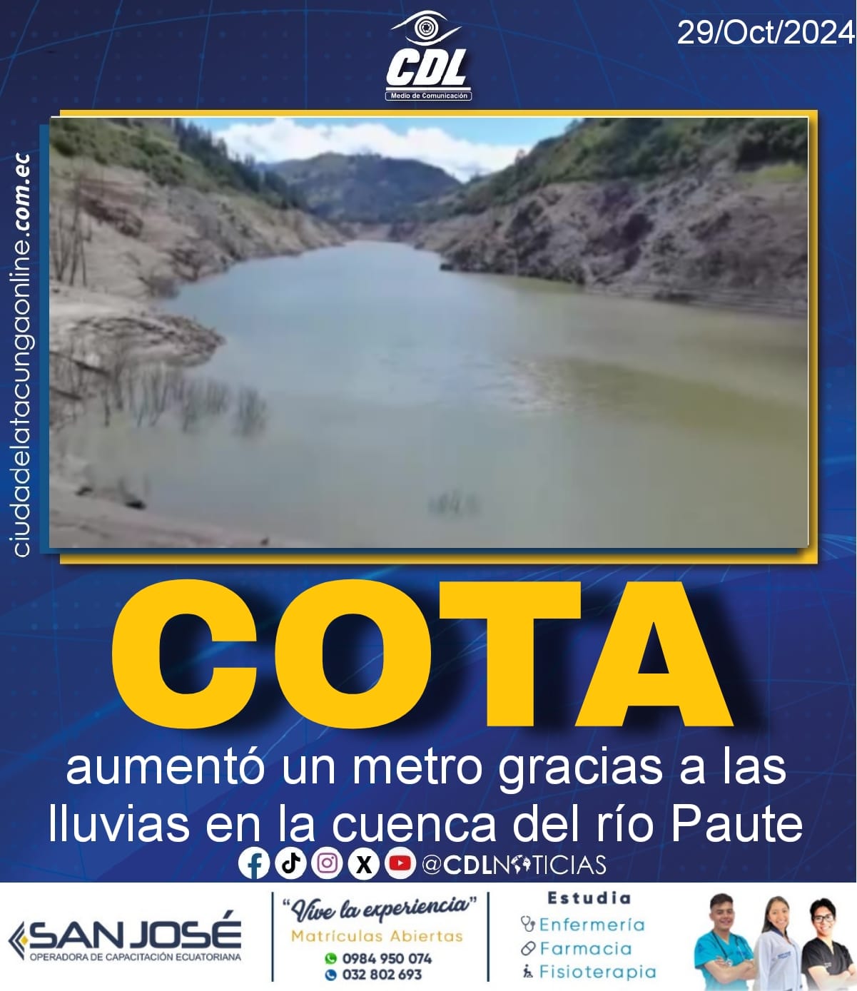 Embalse de Mazar: la cota aumentó un metro gracias a las lluvias en la cuenca del río Paute