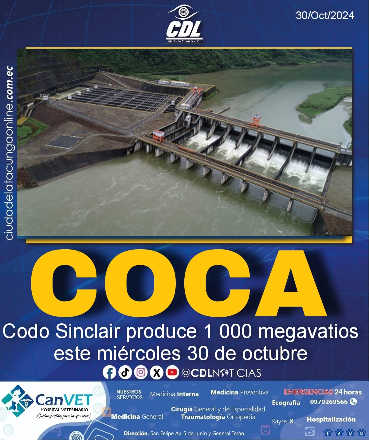 Coca Codo Sinclair produce 1 000 megavatios este miércoles 30 de octubre