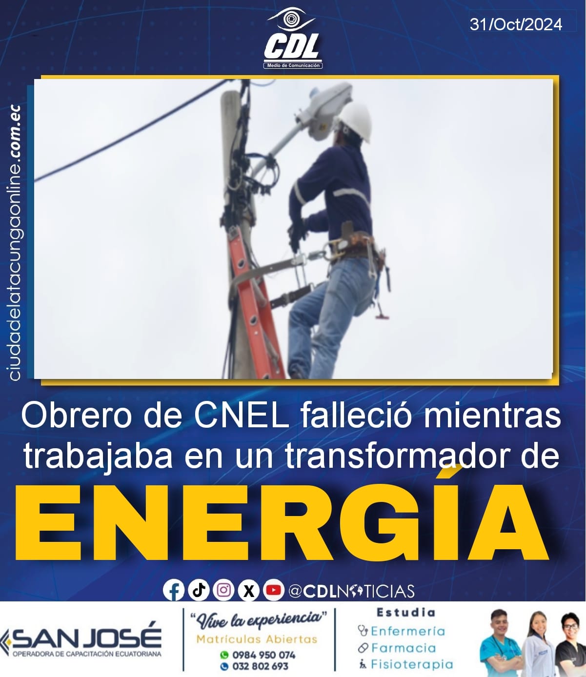 Un obrero de CNEL falleció mientras trabajaba en un transformador de energía