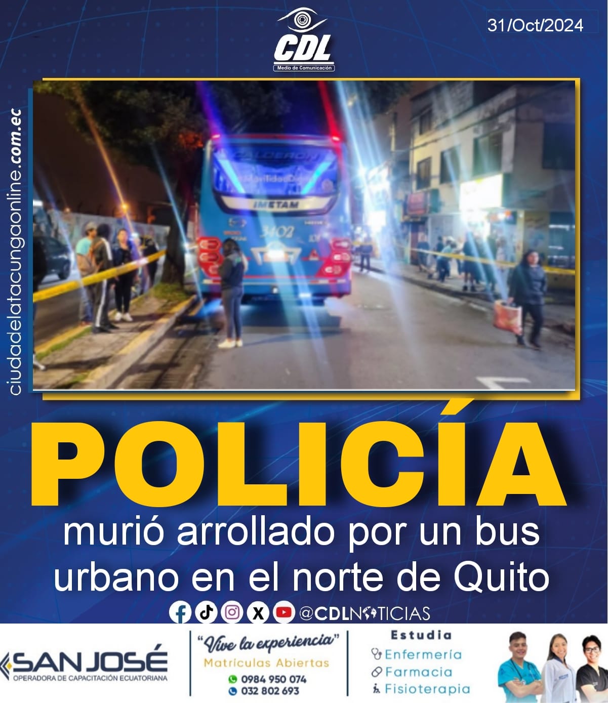 Policía murió arrollado por un bus urbano en el norte de Quito