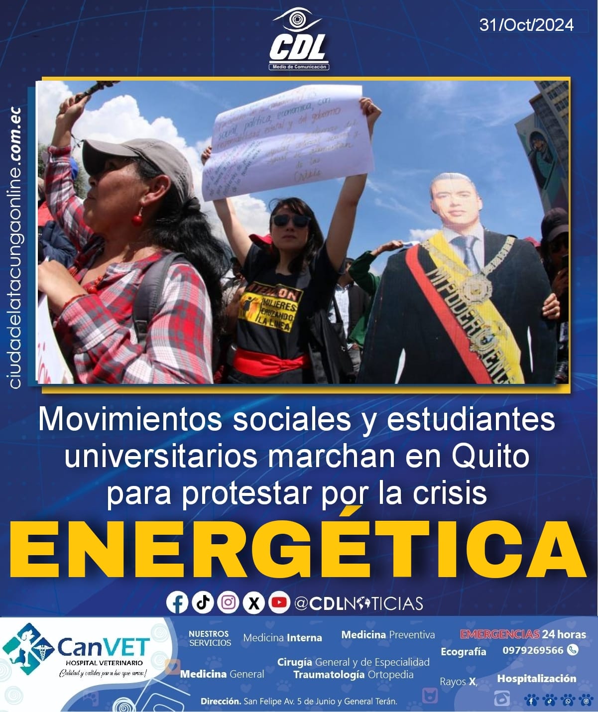Movimientos sociales y estudiantes universitarios marchan en Quito para protestar por la crisis energética