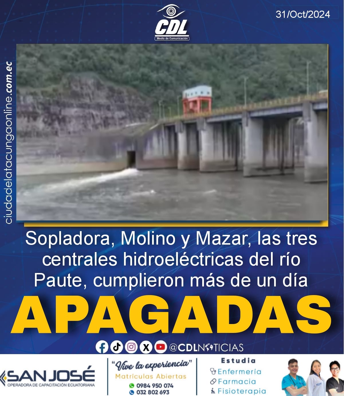 Sopladora, Molino y Mazar, las tres centrales hidroeléctricas del río Paute, cumplieron más de un día apagadas