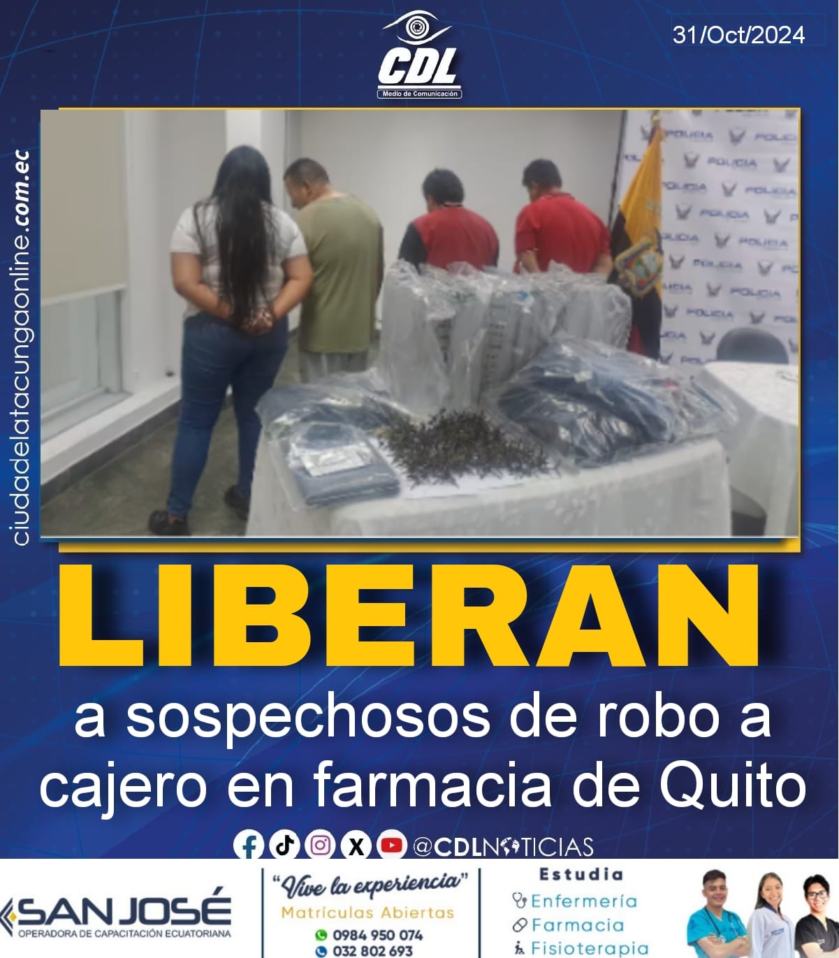 Liberan a sospechosos de robo a cajero en farmacia de Quito