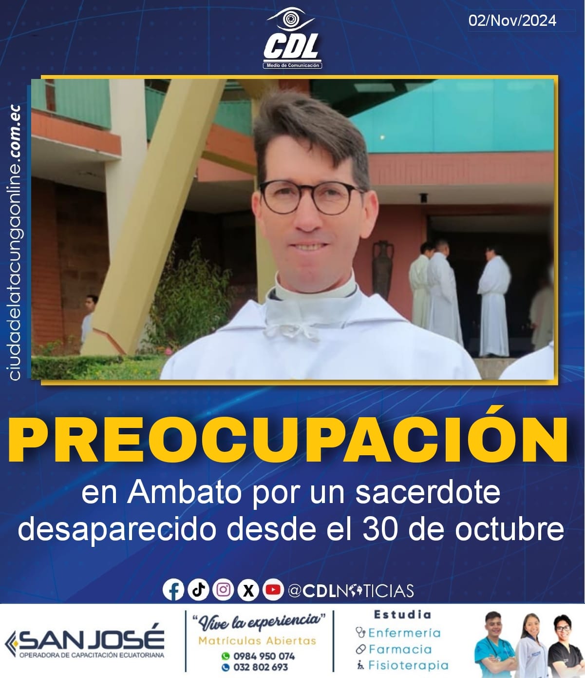 Preocupación en Ambato por un sacerdote desaparecido desde el 30 de octubre