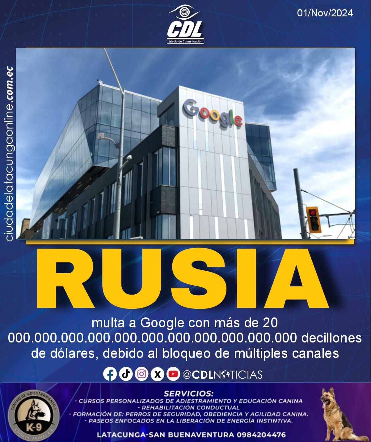 Rusia multa a Google con más de 20 000.000.000.000.000.000.000.000.000.000.000 decillones de dólares, debido al bloqueo de múltiples canales