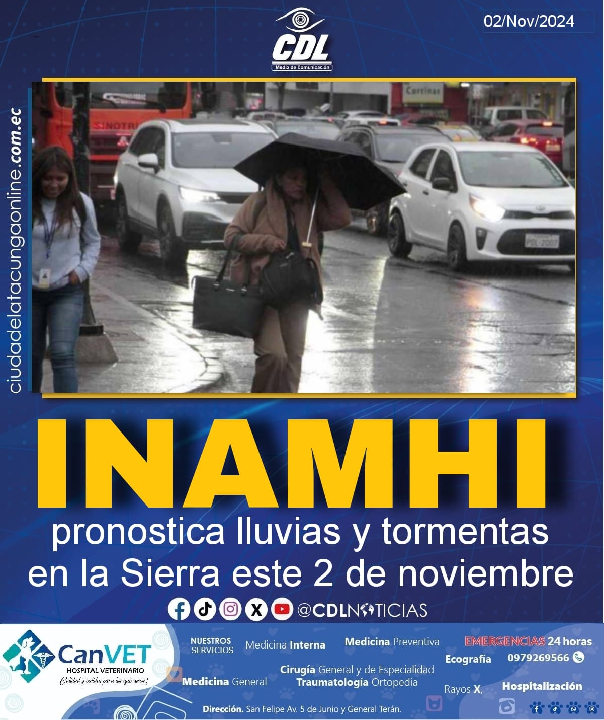 Inamhi pronostica lluvias y tormentas en la Sierra este 2 de noviembre