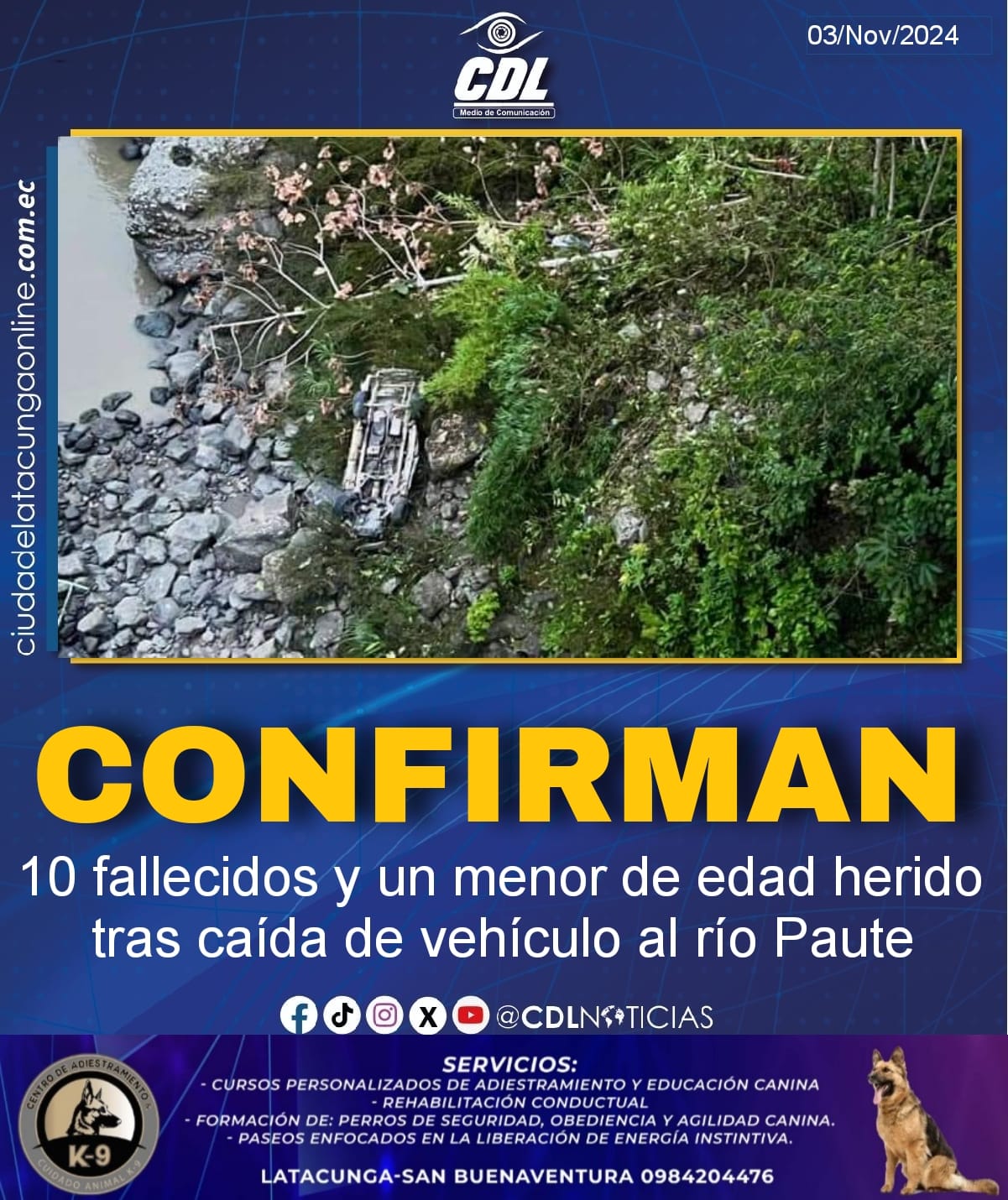 Confirman 10 fallecidos y un menor de edad herido tras caída de vehículo al río Paute