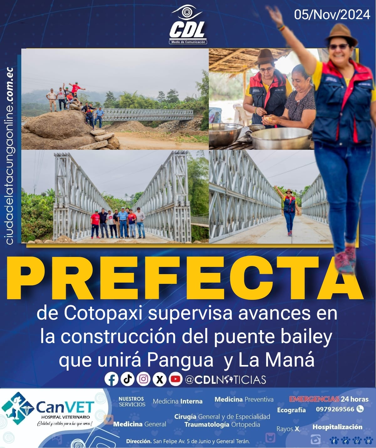 Prefecta de Cotopaxi supervisa avances en la construcción del puente bailey que unirá Pangua y La Maná