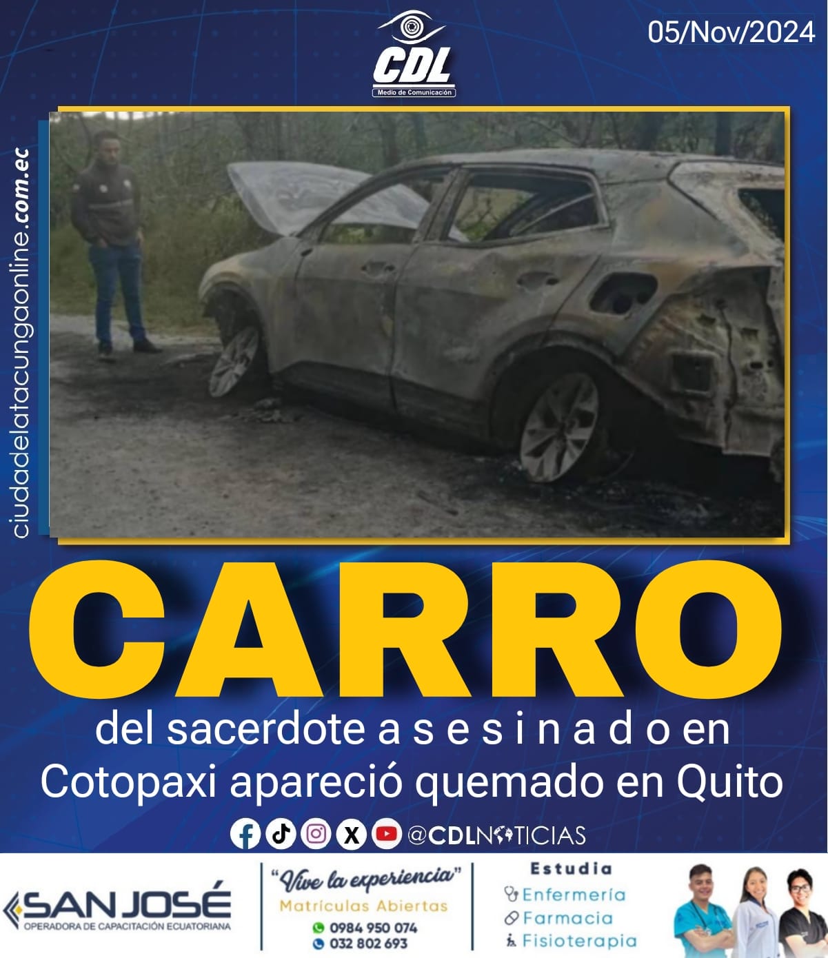 El carro del sacerdote asesinado en Cotopaxi apareció quemado en Quito