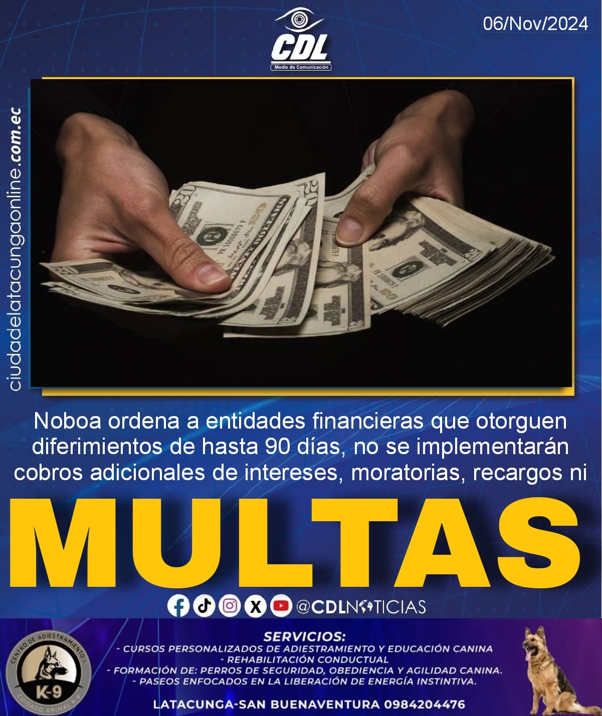 Noboa ordena a entidades financieras que otorguen diferimientos de hasta 90 días, no se implementarán cobros adicionales de intereses, moratorias, recargos ni multas