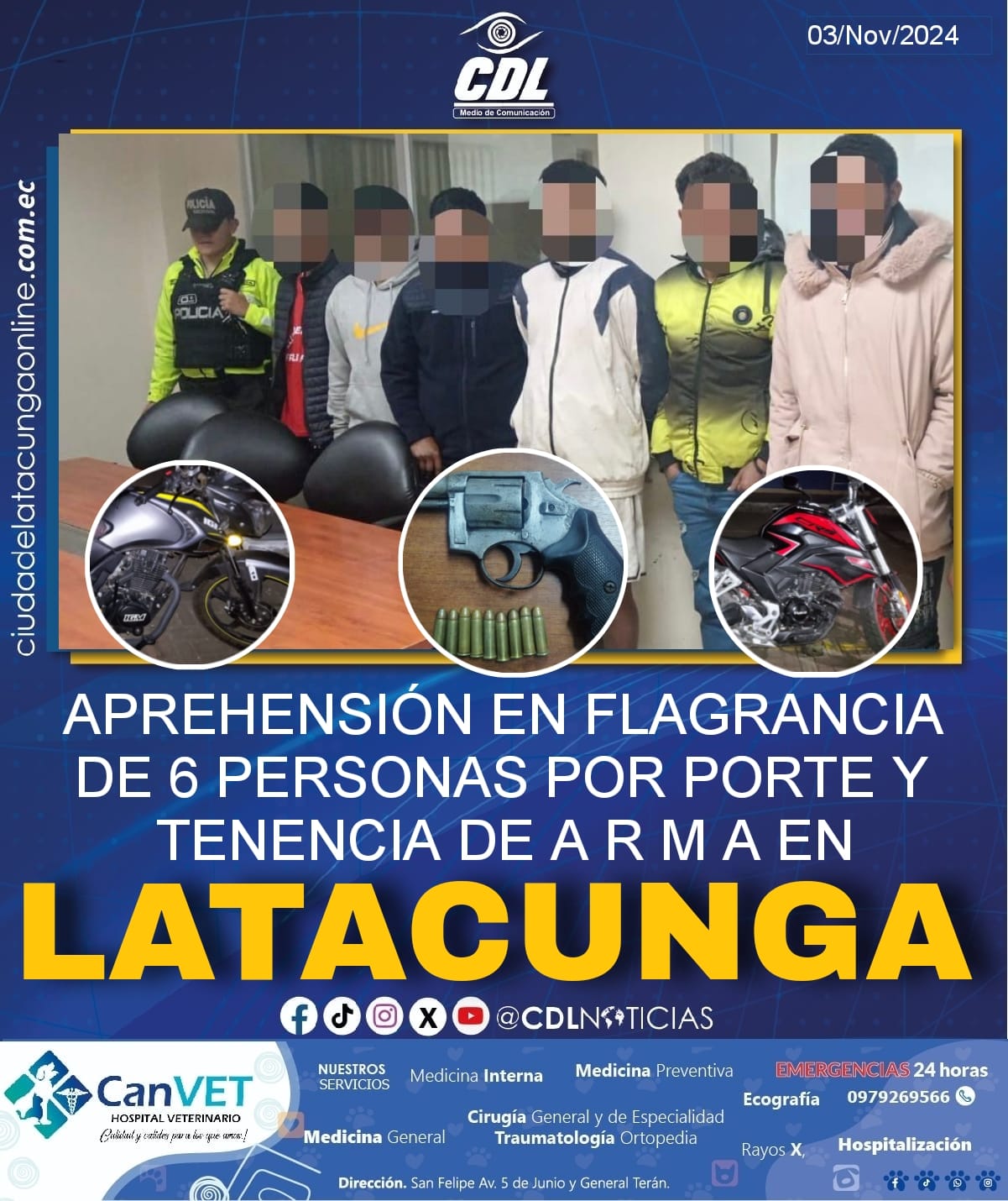 APREHENSIÓN EN FLAGRANCIA DE 6 PERSONAS POR PORTE Y TENENCIA DE A R M A EN LATACUNGA