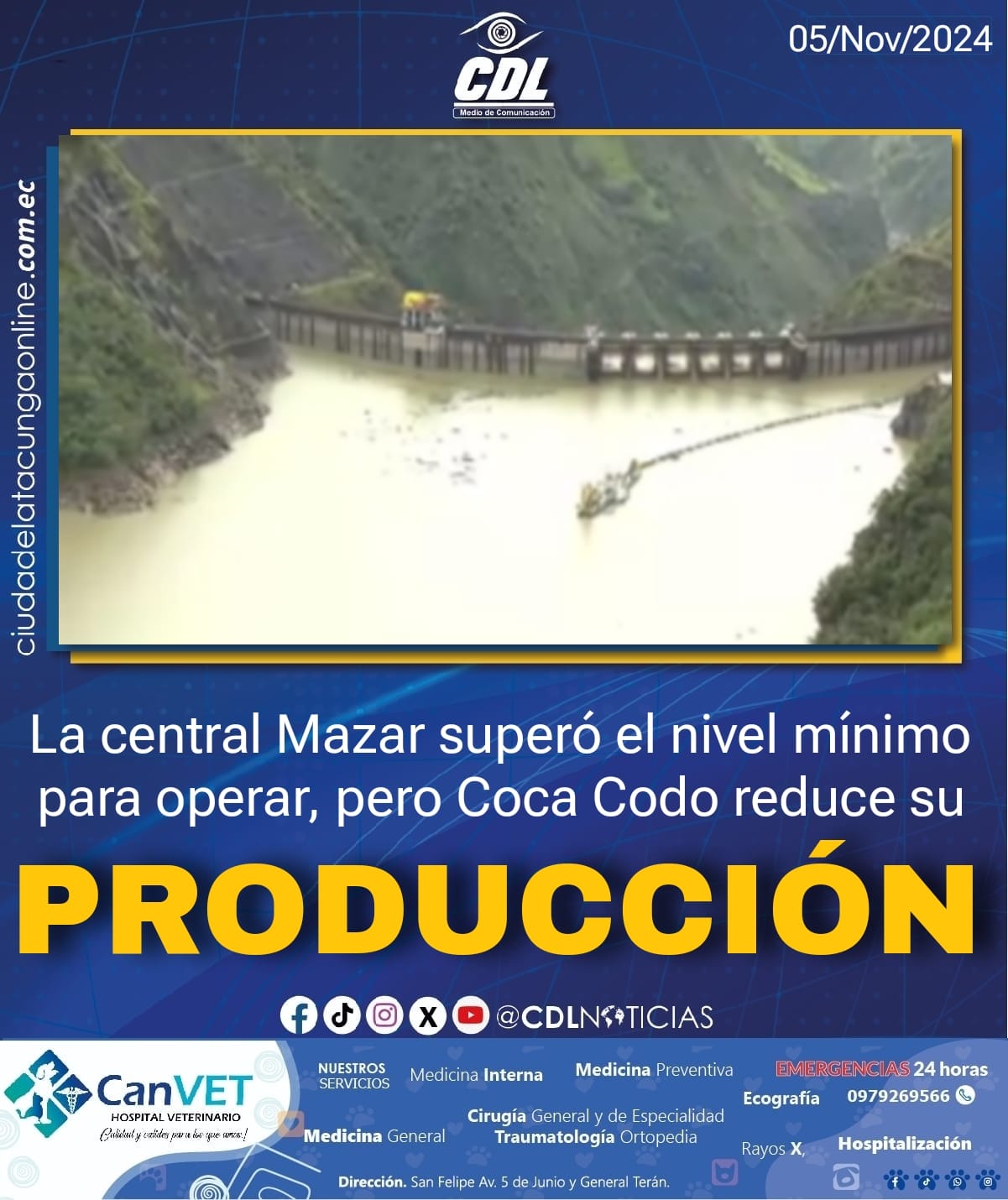 La central Mazar superó el nivel mínimo para operar, pero Coca Codo reduce su producción