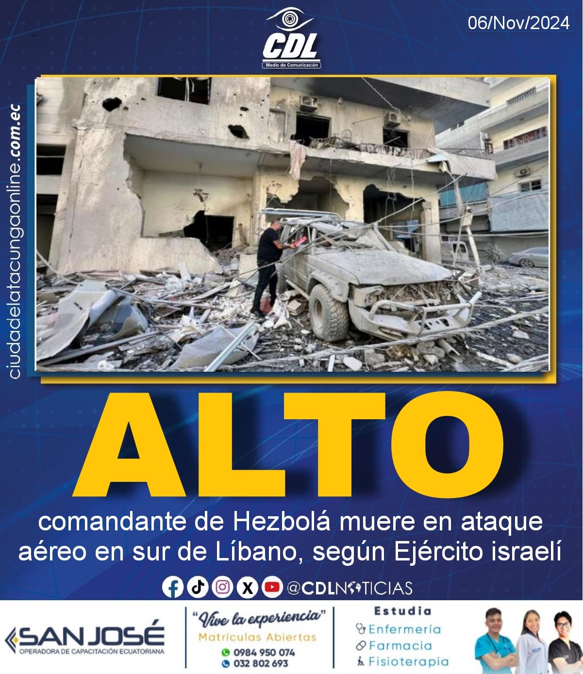 Alto comandante de Hezbolá muere en ataque aéreo en sur de Líbano, según Ejército israelí