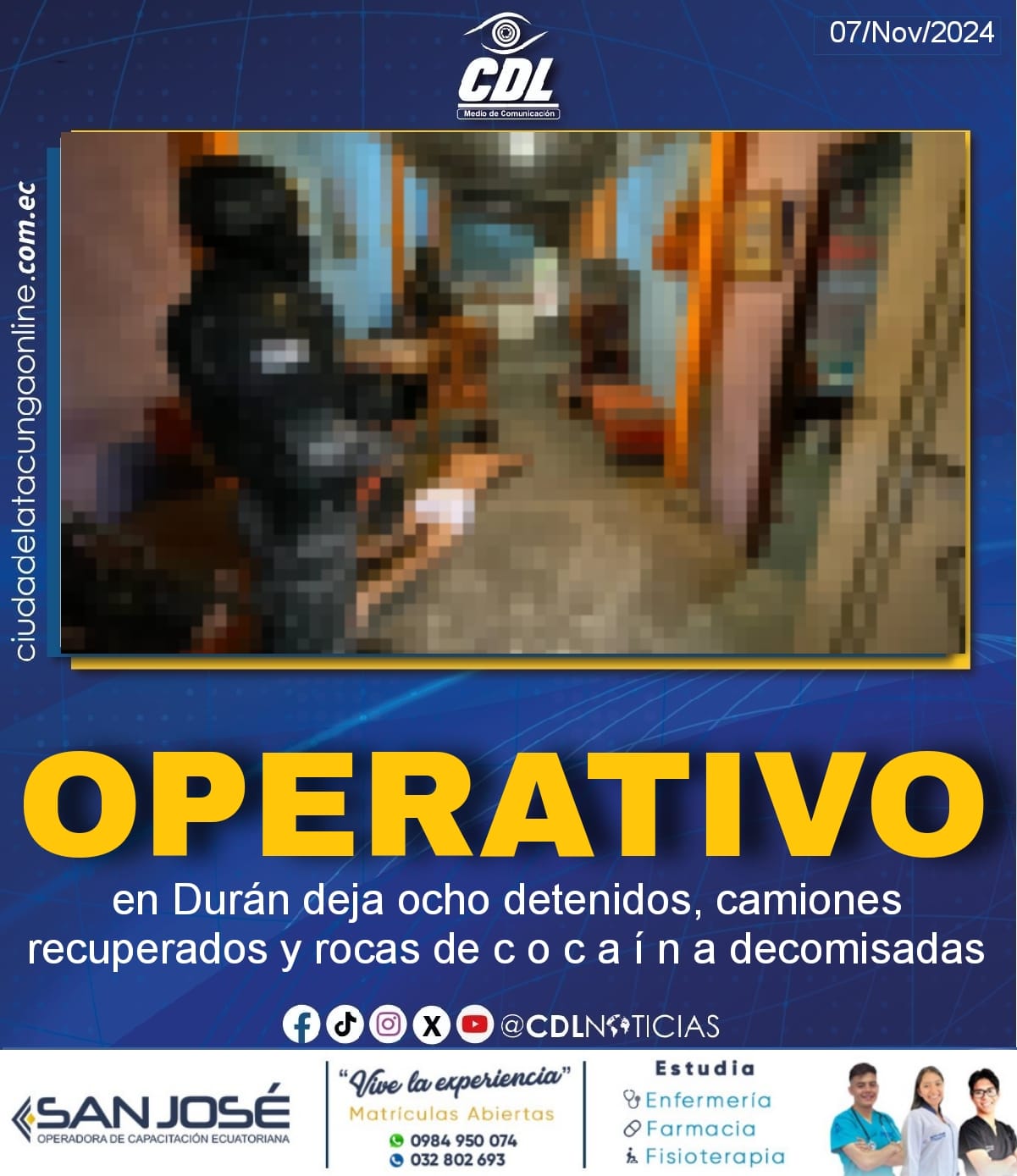 Un operativo en Durán deja ocho detenidos, camiones recuperados y rocas de c o c a í n a decomisadas