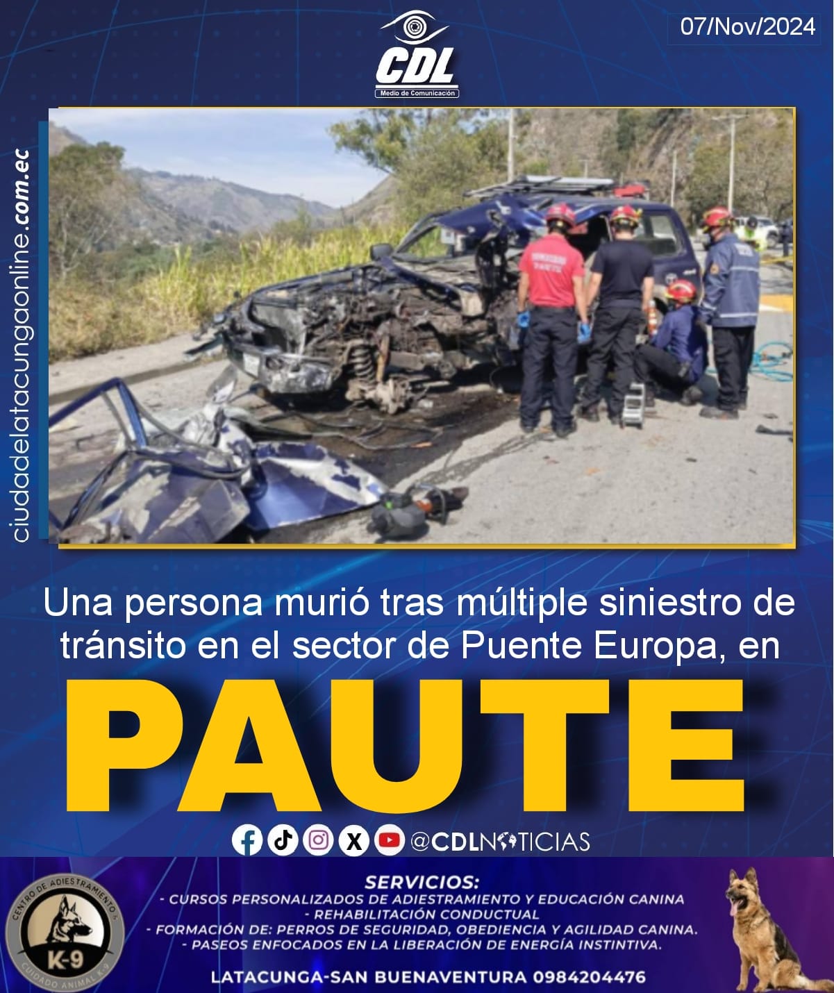 Una persona murió tras múltiple siniestro de tránsito en el sector de Puente Europa, en el cantón Paute
