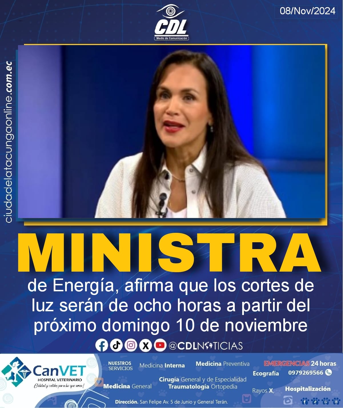 Inés Manzano, ministra de Energía, afirma que los cortes de luz serán de ocho horas a partir del próximo domingo 10 de noviembre