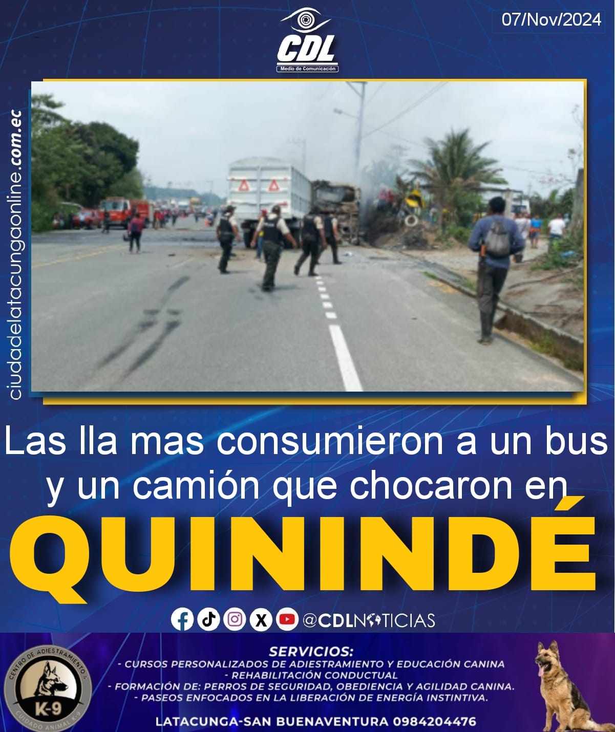 Las llamas consumieron a un bus y un camión que chocaron en Quinindé