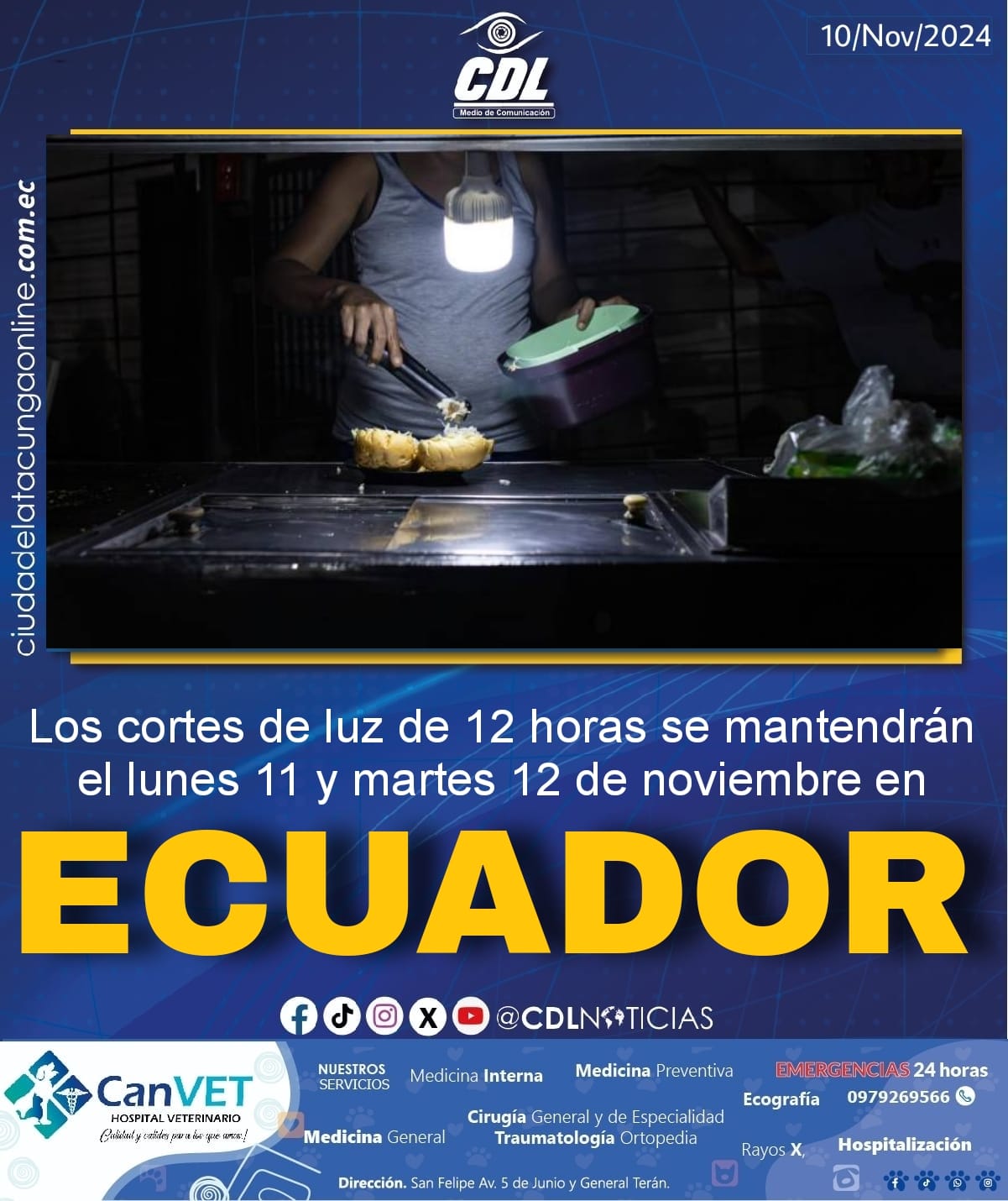 Los cortes de luz de 12 horas se mantendrán el lunes 11 y martes 12 de noviembre en Ecuador