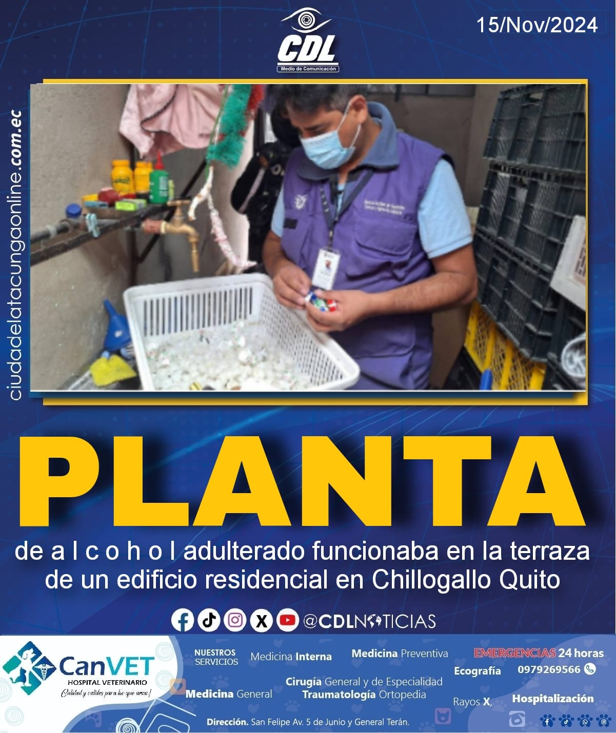 Planta de a l c o h o l adulterado funcionaba en la terraza de un edificio residencial en Chillogallo Quito